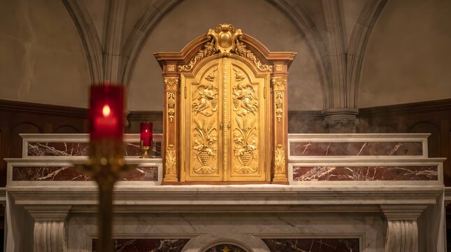 Ornate Golden Tabernacle Door on Marble Altar Sanctuary Lamp Catholic Sacred Presence Solemn