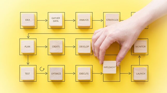 Business process flowchart visualized with wooden blocks on yellow background hand placing implementation step concept for project management strategy planning execution
