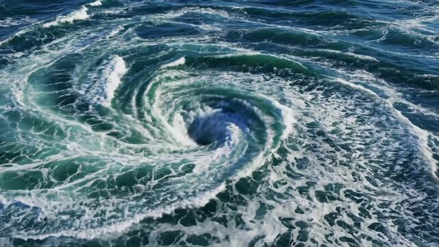 Abstract twisting rip tide ocean loop background with swirling waves and strong currents in the deep blue sea