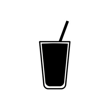 Minimalist black silhouette of a refreshing drink glass with a straw icon isolated on white background for graphic design