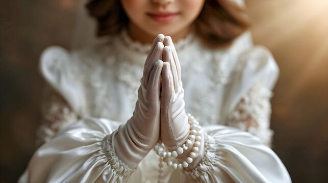 Child Hands in White Gloves at First Holy Communion Rosary Catholic Milestone Faith