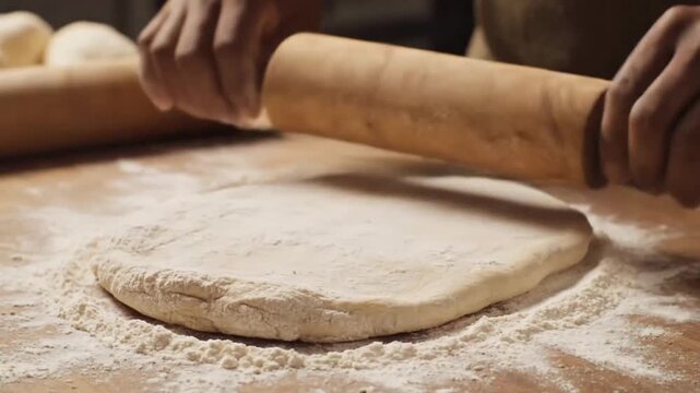 Close-up shot of hands rolling out dough with a wooden rolling pin on a floured surface.