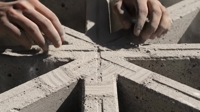 Construction worker hands touching concrete blocks outdoors.