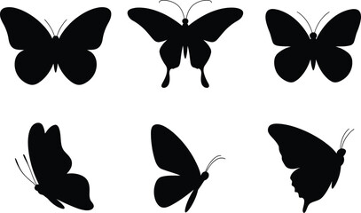 Six black butterfly silhouettes in various poses and angles insect © MDRAJU