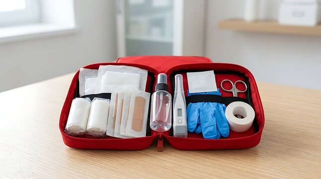 First aid kit contents organized.