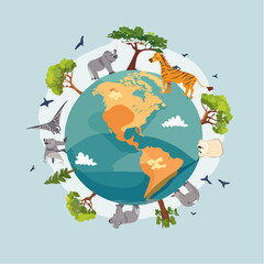 Obraz premium Illustration of Earth with diverse animals and trees