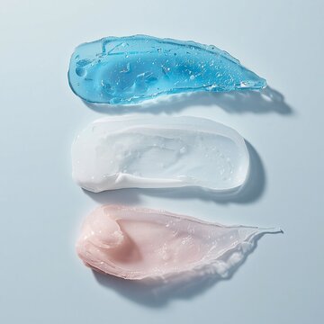 Three different cosmetic textures including a translucent blue gel, an opaque white cream, and a smooth pink lotion are smeared horizontally on a soft blue background.