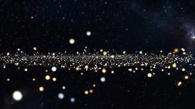 Cosmic starfield motion background with glowing golden light streaks and nebula particles in deep dark space