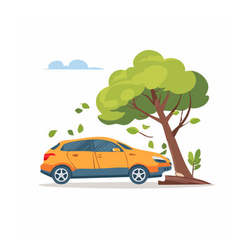 Car parked near a tree with falling leaves