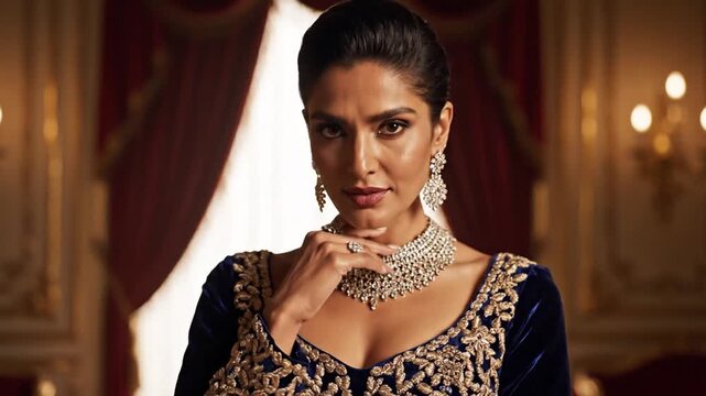 Elegant woman wearing opulent diamond jewelry in a luxurious setting