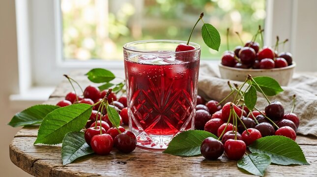 Fresh cherries and cherry juice on a wooden table by a window