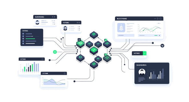 Blockchain voting system illustration with digital dashboards and data visualization
