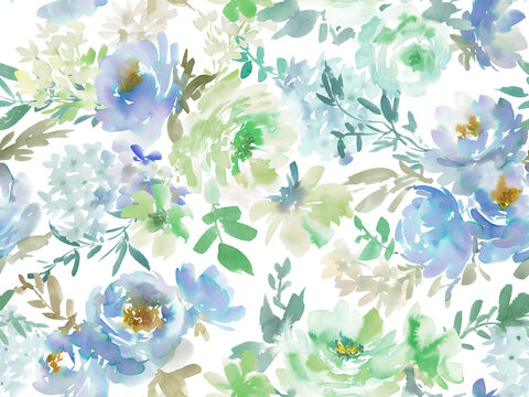 Seamless watercolor floral pattern with abstract hand-painted green and blue roses on a transparent background, perfect for fabric and wallpaper