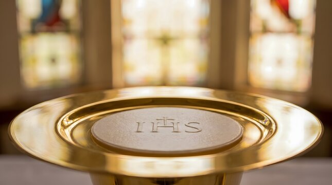 Catholic Host Eucharist Unleavened Bread on Gold Paten IHS Christogram Macro Sacred