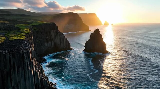 Sun shines over volcanic coastline in aerial view of cliffs and ocean at sunset