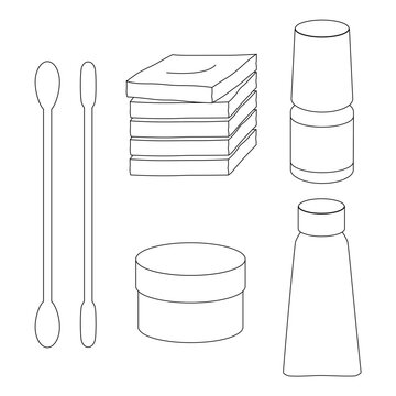 Baby Care and First Aid Essentials Icon Set, Cotton Swabs, Cotton Pads, Medicine Bottle, Ointment and Drops