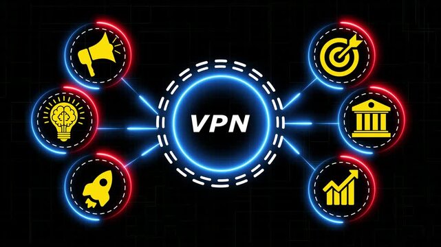Virtual Private Network Concept. Digital network connects business strategy icons with glowing blue central circle. VPN,