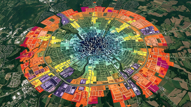Aerial view of a city with colorful data overlays indicating different zones and density.
