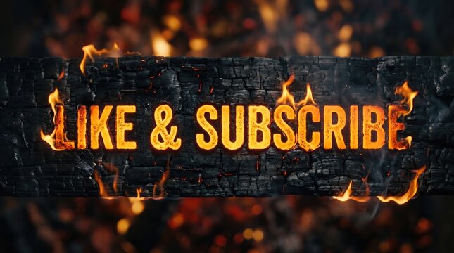 Like and subscribe text on burning wooden sign