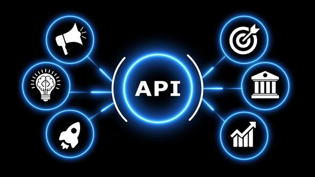 Digital api hub concept with glowing neon network connections in motion graphics.