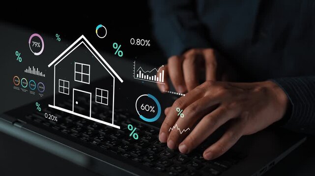 Close-Up of Hands Typing on Keyboard with Digital Real Estate Analytics and Visualization Graphs in a Modern Office Environment. Entropy.