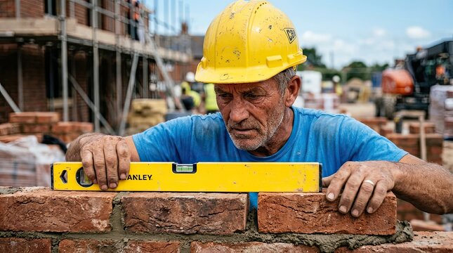 Mason checking brick wall level on construction site with yellow hard hat