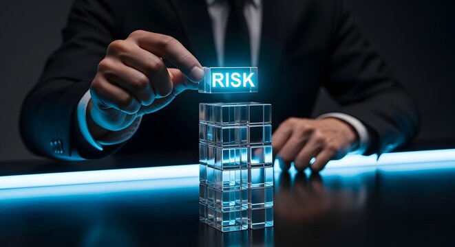 Businessman places 'RISK' block on precarious glass tower