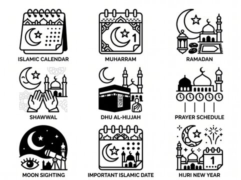 Islamic calendar and religious holiday line icon collection