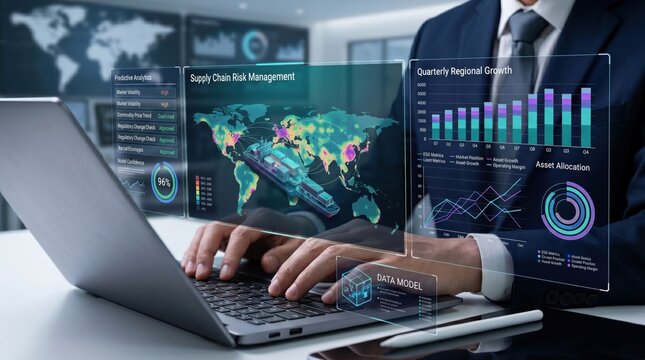 Corporate executive analyzing supply chain risk management on holographic screens, global logistics map, quarterly growth charts, asset allocation, predictive analytics