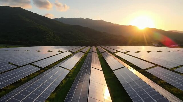 Flying over a solar panel farm at sunrise showing rows of panels and mountains in the background
