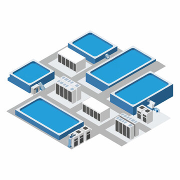 Isometric view of a modern data center with server racks and cooling pools.