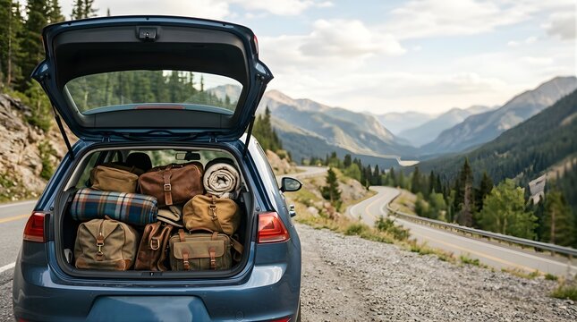 Loaded car trunk with travel bags parked on a scenic mountain road trip