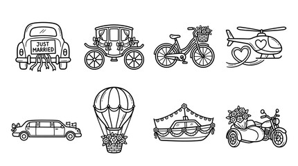 Obraz premium Set of wedding transport doodle icons for romantic celebration.
