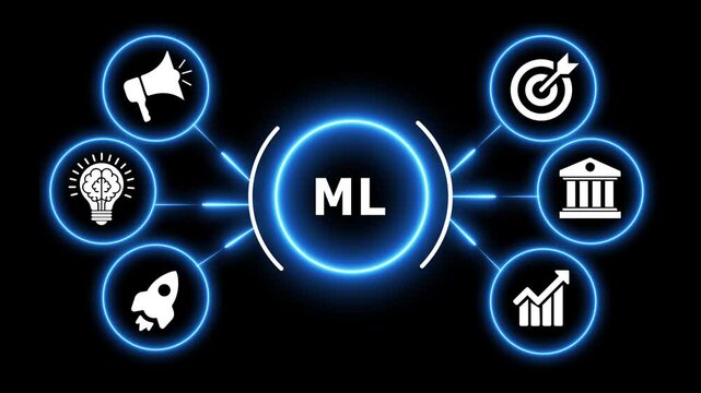 Machine learning concept animated graphic with glowing icons and neon blue lines.