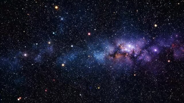 Deep space nebula galaxy footage featuring vibrant purple and blue cosmic stardust clouds and glowing stars
