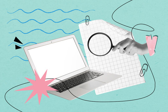 Digital research and data analysis with laptop, magnifying glass, and graph paper on abstract background