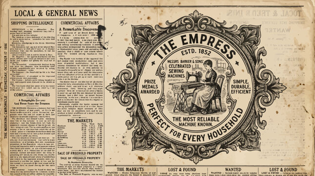 Vintage advertisement for The Empress sewing machine on a newspaper page.