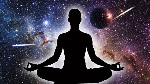 A serene silhouette of a person meditating in deep space surrounded by distant planets, colorful nebulae, glowing stars, and shooting meteors.