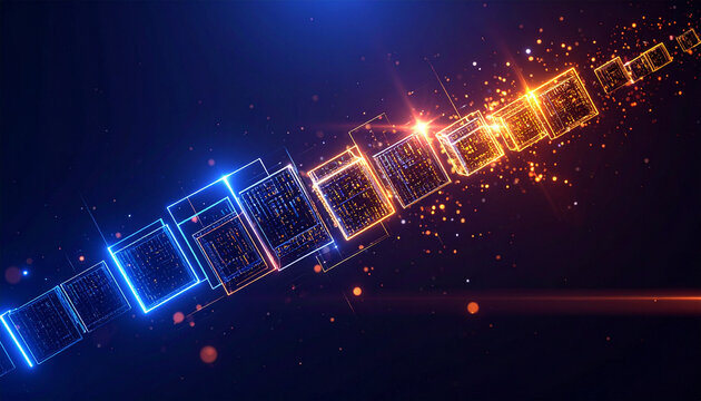 Digital Flow of Data Cubes: Abstract visualization of glowing cubes, representing data blocks, flowing in a dynamic sequence, transitioning from cool blue to warm orange hues.