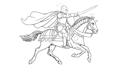 Fototapeta premium Heroic Knight on Horseback Holding Sword Vector Medieval Cavalry Illustration