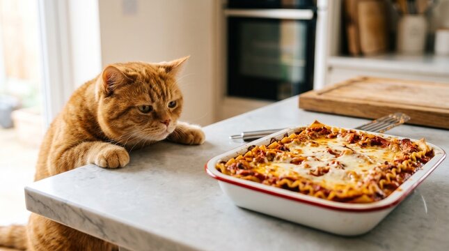 Curious ginger cat looking longingly at freshly baked lasagna on a kitchen counter