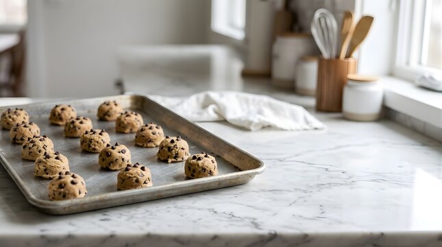 Raw chocolate chip cookie dough portions arranged on baking sheet in kitchen