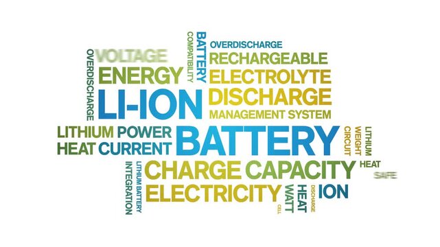 Li-ion Battery animated word cloud-text design animation tag kinetic typography seamless loop.