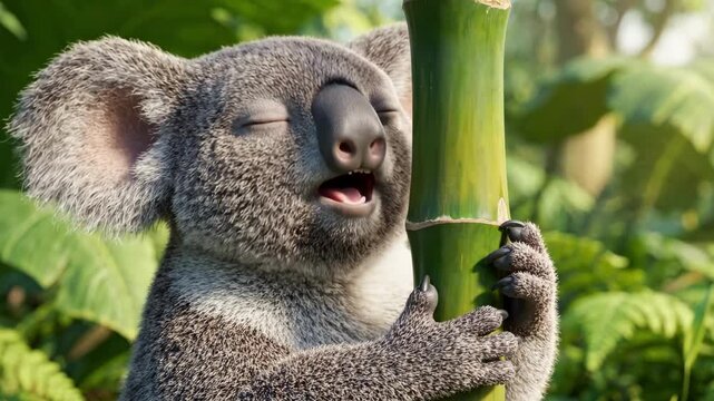Cute koala hugging a vibrant green bamboo stalk in lush foliage