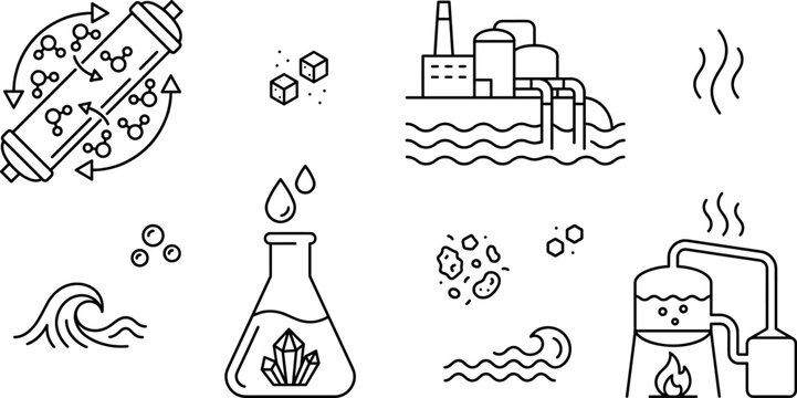 Water Desalination and Purification Industrial Icon Set for Environmental Chemistry Vector Media Designs
