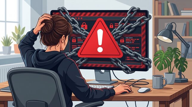 Stressed user at locked computer