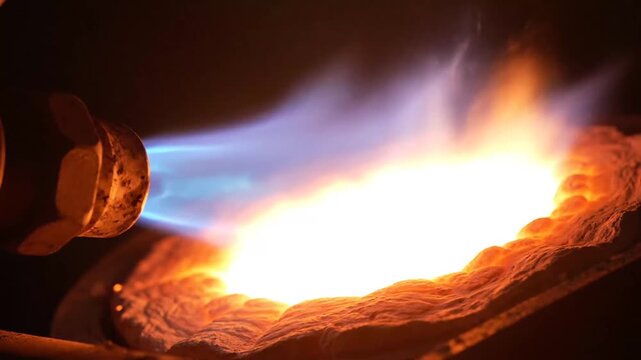 Intense industrial flame from a blowtorch heating metal in darkness.