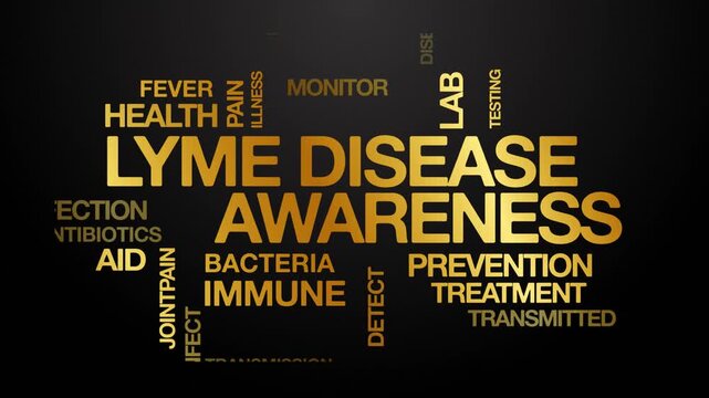 Lyme disease awareness concept Animated Tag Word Cloud kinetic typography, Text Design Animation typography seamless loop video motion graphics Intro Wordart tagcloud golden type on black background b