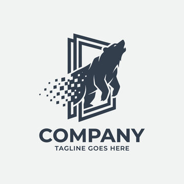 Bear logo silhouette with digital pixel disintegration effect.