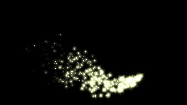 4K Fantasy golden glitter star trail animation, radiant golden sparkles, glowing pixie dust burst, magical doodle blink stars, smooth star curved light path, sparkling glitter overlay on black screen.